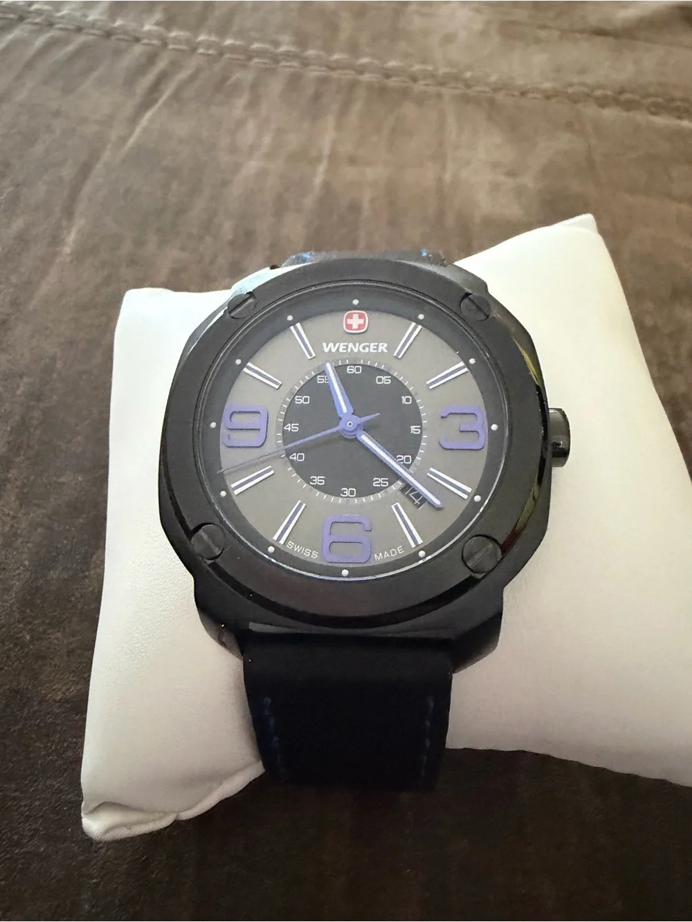 Wenger Black Watch with Blue Accents and Leather Strap